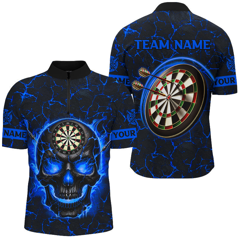 Individuelles Fire Flame Skull Magma Muster Herren Shirt mit Viertelreißverschluss, Blaues Dart League Trikot TDM2585