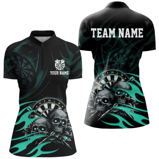 Individuelles Lustiger Totenkopf Türkises Wirbelmuster Dart Damen Quarter Zip Shirt, Dart Trikot TDM2836