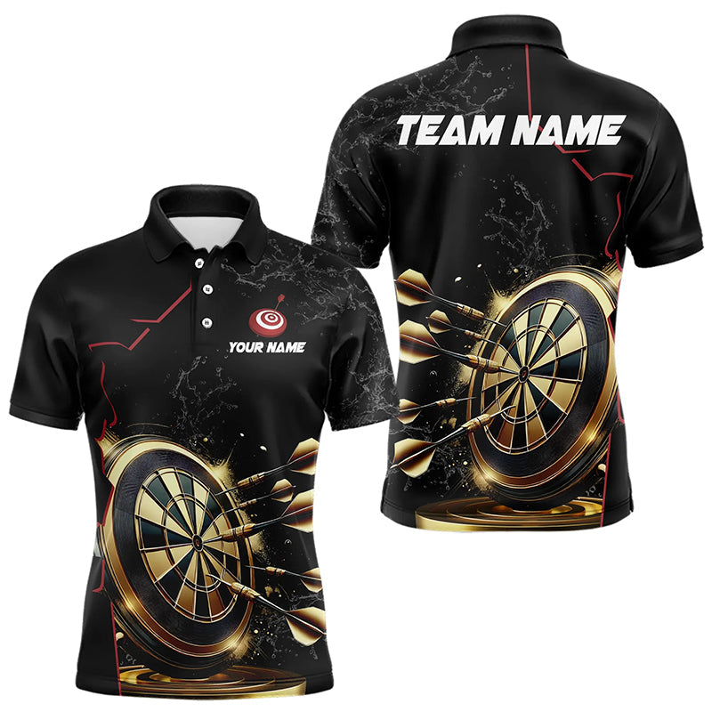 Maßgeschneiderte Schwarz Und Goldene Dartshirts Für Herren, Personalisierte Leuchtende Darts Teamuniform TDM3311