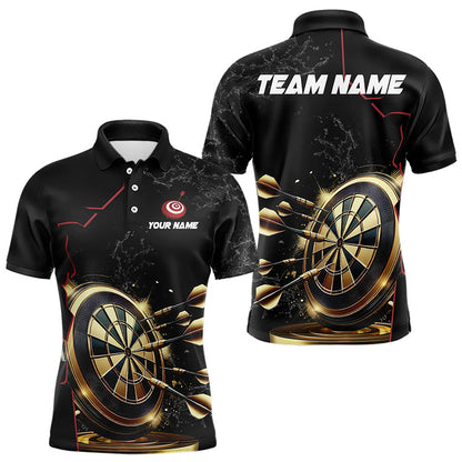 Maßgeschneiderte Schwarz Und Goldene Dartshirts Für Herren, Personalisierte Leuchtende Darts Teamuniform TDM3311