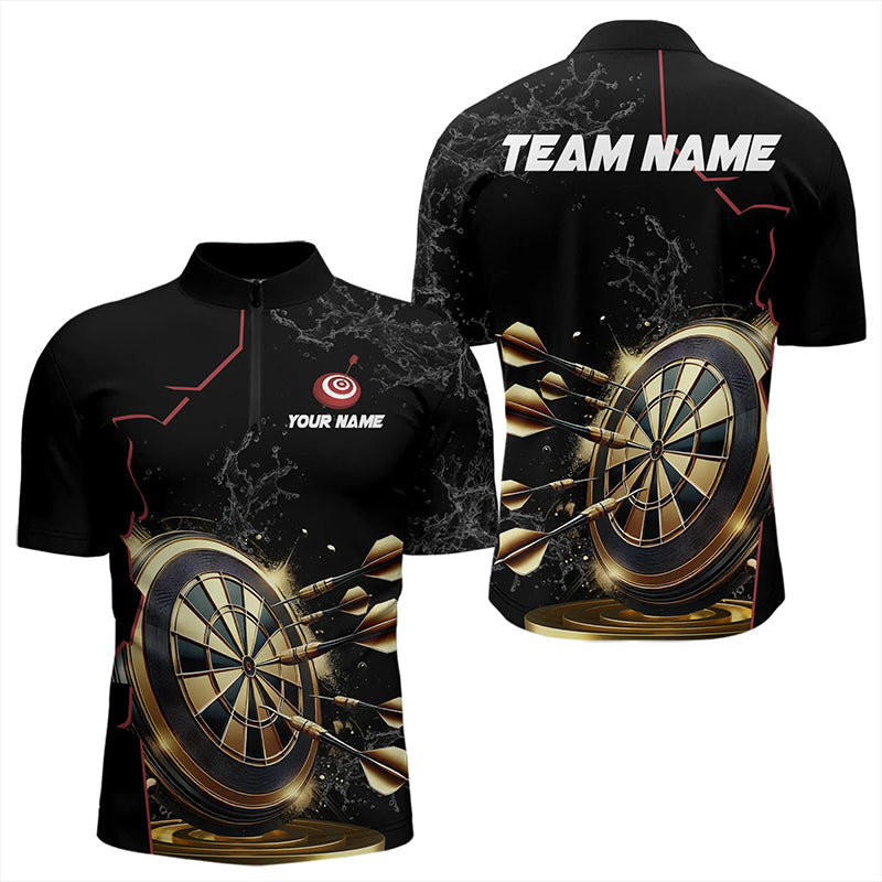 Maßgeschneiderte Schwarz Und Goldene Dartshirts Für Herren, Personalisierte Leuchtende Darts Teamuniform TDM3311