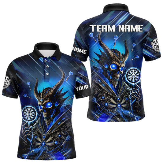 Individuelles blau leuchtendes Sensenmann-Dart-Poloshirt für Herren, Schädel-Darttrikot TDM3640