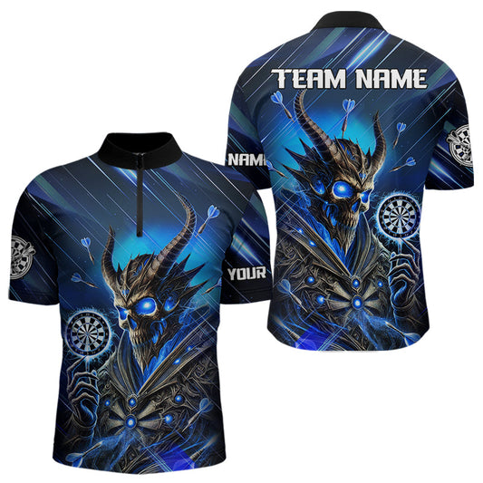 Individuelles Blau Leuchtender Sensenmann Dart Viertelreißverschluss Herren Shirt, Skull Dart Trikot TDM3640