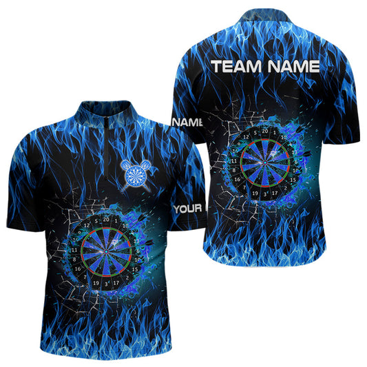 Individuelles Blau Flammendes Feuer Dart Viertelreißverschluss Herren Shirt – Dart Team Trikot TDM3791