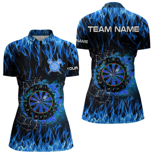 Individuelles Blaues Flammendes Feuer Dart Quarter Zip Shirt Für Damen – Dart Team Trikot TDM3791