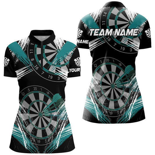 Individuelles Darts Turnier Grunge Stil Türkis Damen Quarter Zip Shirt, Dart Team Trikot TDM2107