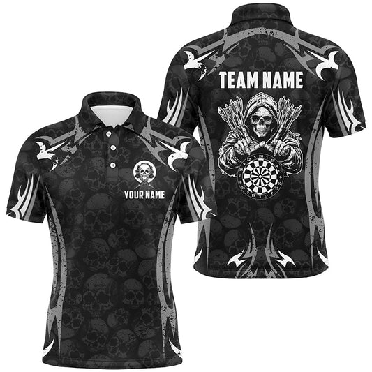 Individuelles Schwarzes Graues Death-Skeleton-Skelett Herren Poloshirt, Gruseliges Dart-Teamtrikot TDM2594