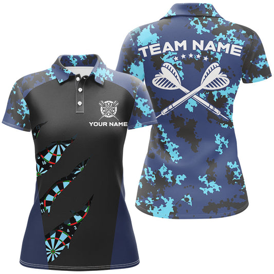 Individuelles Blaues Camo Dart Poloshirt für Damen, Camouflage Dart Trikot Team TDM2840