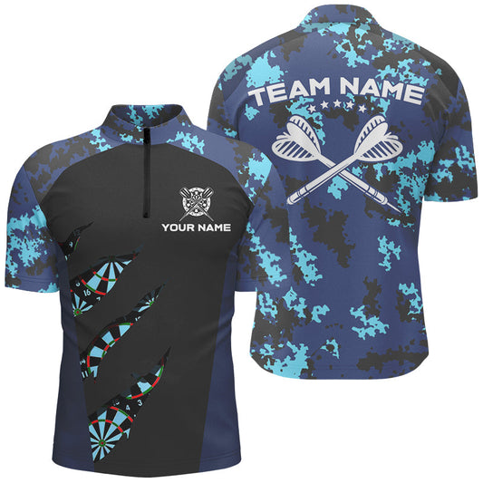 Individuelles Blau Camo Dart Herren Shirt mit Viertelreißverschluss, Camouflage Dart Trikot Team TDM2840