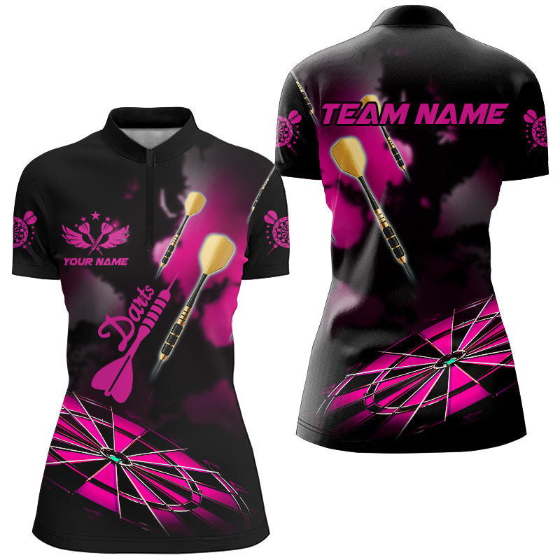 Individuelles Pinkes Dartboard Nebel Rauch Dart Damen Quarter Zip Shirt, Dart Trikot Team Shirt TDM2843