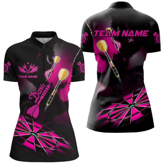 Individuelles Pinkes Dartboard Nebel Rauch Dart Damen Quarter Zip Shirt, Dart Trikot Team Shirt TDM2843