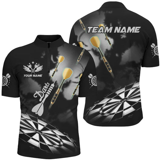 Individuelles Schwarz Weiß Darts Board Nebel Dart Herren Shirt mit Viertelreißverschluss, Darts Liga Dart Trikot TDM3070