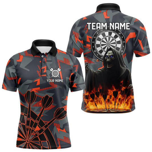 Individuelles Totenkopf-Skelett-Feuer-Tarn-Dart-Poloshirt für Herren, Tarn-Dart-Liga-Trikot TDM3072