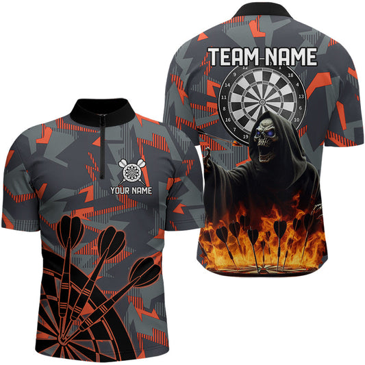 Individuelles Todesskelett Feuer Camo Dart Herren Shirt mit Viertelreißverschluss, Tarnung Dart Liga Trikot TDM3072