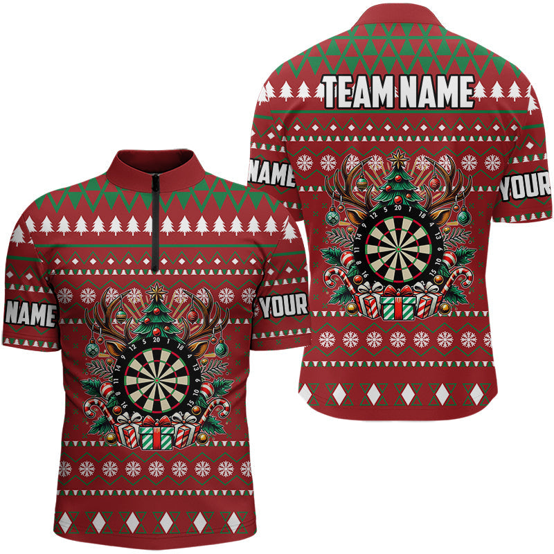 Individuelles Rotes Weihnachtsmuster Dart Herren Shirt mit Viertelreißverschluss, Lustiges Xmas Dart Trikot Geschenk TDM3078