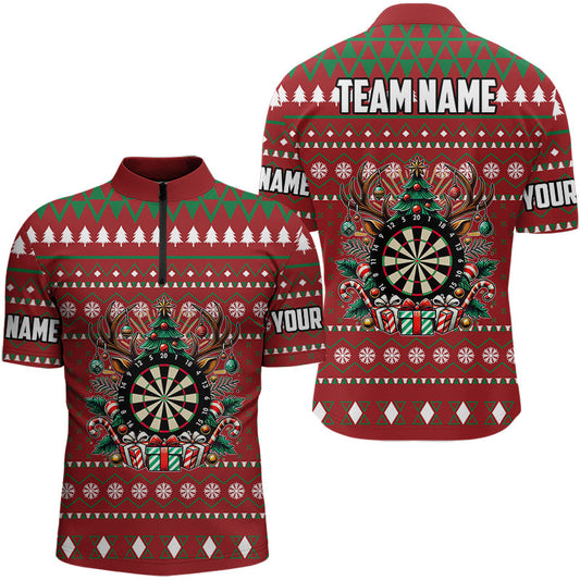 Individuelles Rotes Weihnachtsmuster Dart Herren Shirt mit Viertelreißverschluss, Lustiges Xmas Dart Trikot Geschenk TDM3078