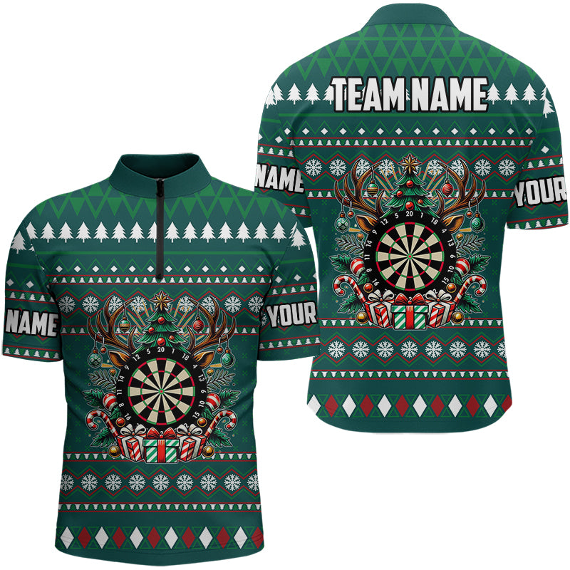 Individuelles Grünes Weihnachtsmuster Dart Herren Shirt mit Viertelreißverschluss, Lustiges Xmas Dart Trikot Geschenk TDM3079