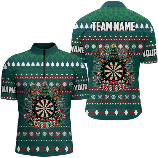 Individuelles Grünes Weihnachtsmuster Dart Herren Shirt mit Viertelreißverschluss, Lustiges Xmas Dart Trikot Geschenk TDM3079