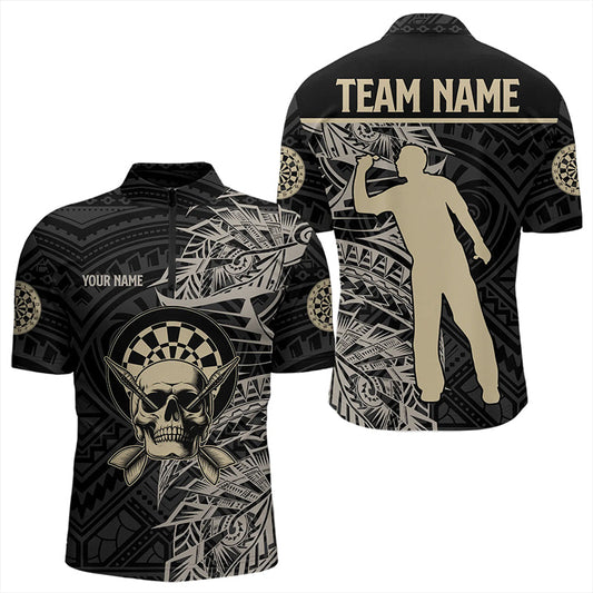 Gold und Schwarz Tribal Individuelles Dart Herren Shirt mit Viertelreißverschluss, Skull Dart Team Trikots TDM3318