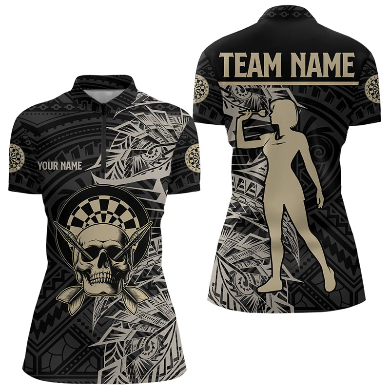 Gold-Schwarzes Tribal Individuelles Dart Damen Quarter Zip Shirt, Schädel Dart Team Trikots TDM3318