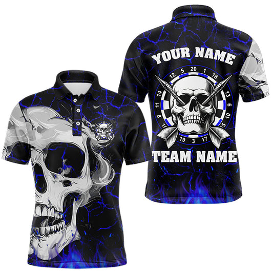 Individuelles blau leuchtendes Feuer-Schädel-Poloshirt für Herren, Dart-Teamtrikot TDM3492