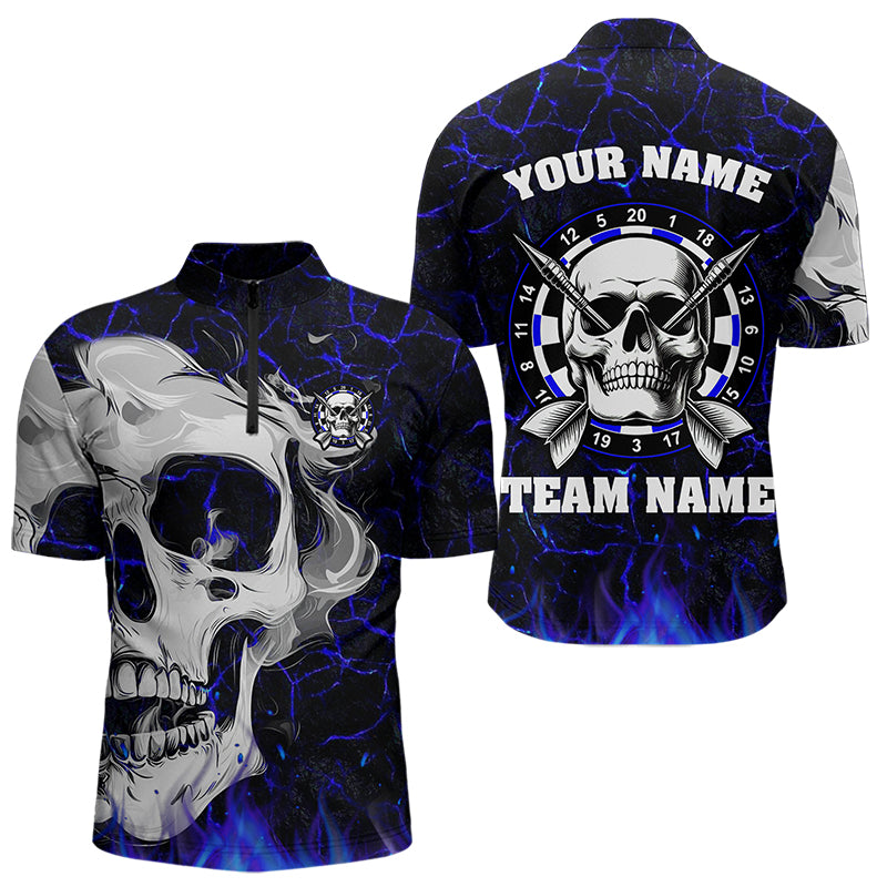 Individuelles Blau Leuchtendes Feuer Riss Skull Viertelreißverschluss Herren Shirt, Dart Trikot Team TDM3492
