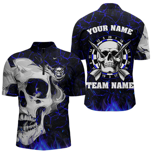 Individuelles Blau Leuchtendes Feuer Riss Skull Viertelreißverschluss Herren Shirt, Dart Trikot Team TDM3492
