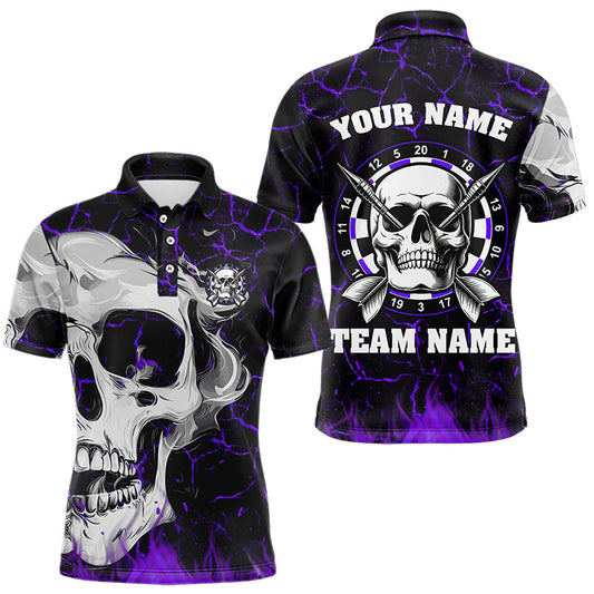 Individuelles lila leuchtendes Feuer-Schädel-Poloshirt für Herren, Dart-Teamtrikot TDM3493