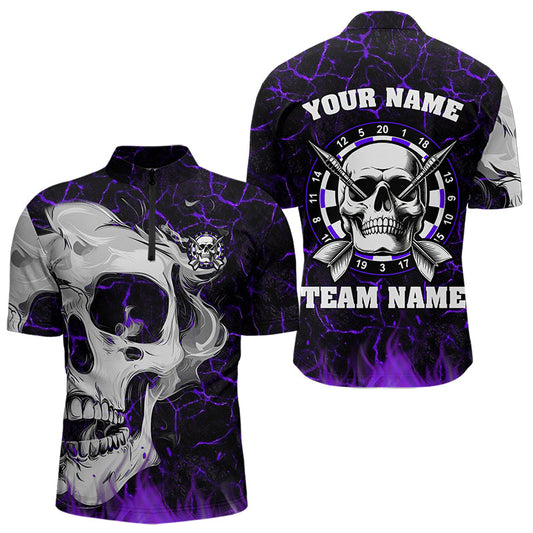 Individuelles Lila Leuchtendes Feuer Riss Skull Viertelreißverschluss Herren Shirt, Dart Trikot Team TDM3493