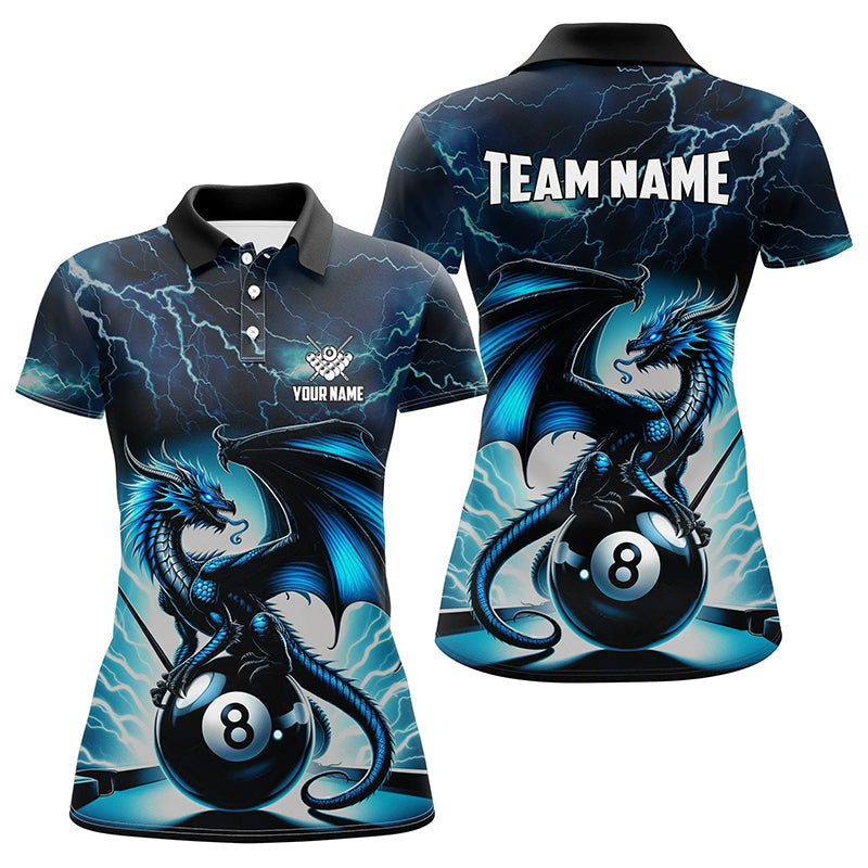Blaues Blitz-Donner-Drachen 8-Ball-Poloshirt für Damen, individuelles 3D-Billardshirt TDM1327