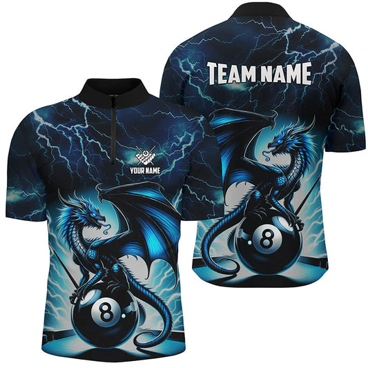 Blaues Blitz-Donner-Drachen 8-Ball-Shirt mit Viertelreißverschluss für Herren, individuelles 3D-Billard-Shirt TDM1327
