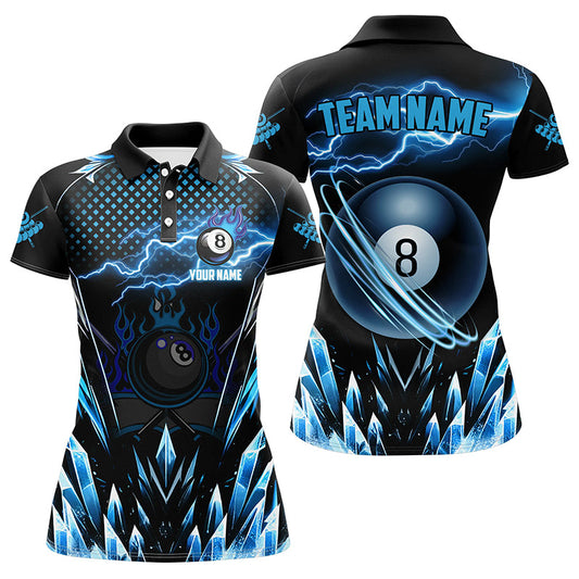 Individuell gestaltetes blau eisiges Blitz 8-Ball-Pool-Poloshirt für Damen, Billard-Teamliga-Shirt TDM1328