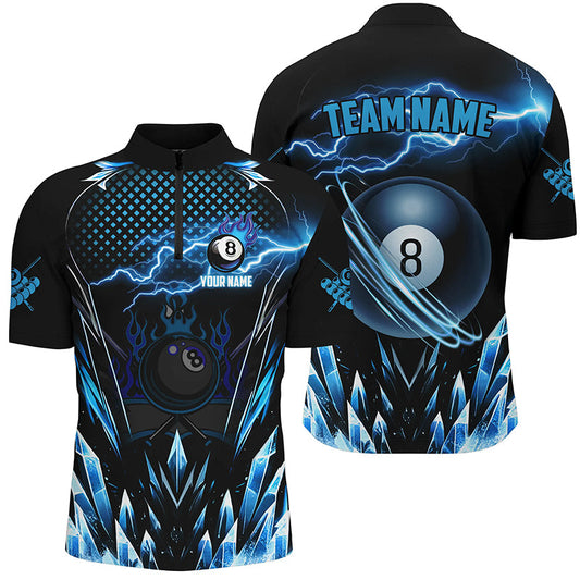 Individuelles blau eisiges Blitz 8-Ball-Pool Herren-Shirt mit Viertelreißverschluss, Billard-Teamliga-Shirt TDM1328