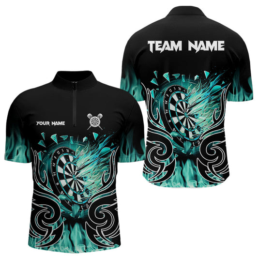 Individuelles Türkis Flammendes Feuer Dart Viertelreißverschluss Herren Shirt – Team Dart Trikots TDM3795