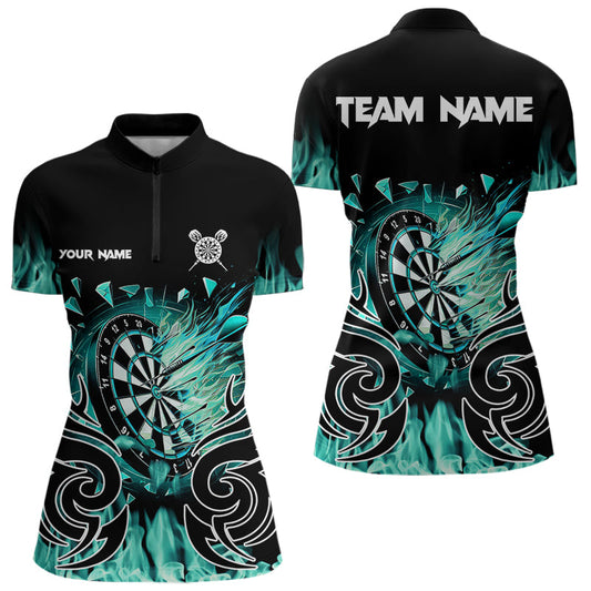 Individuelles Türkises Flammendes Feuer Dart Quarter Zip Shirt Für Damen – Team Dart Trikots TDM3795