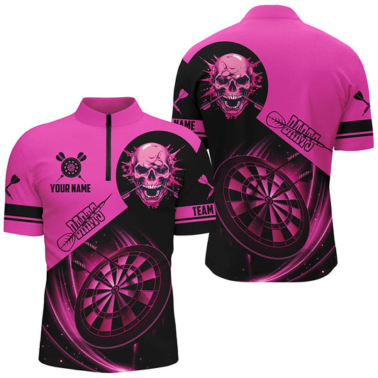 Totenschädel Dartboard Herren Shirt mit Viertelreißverschluss, Pinkes Dart Team Trikot TDM2109