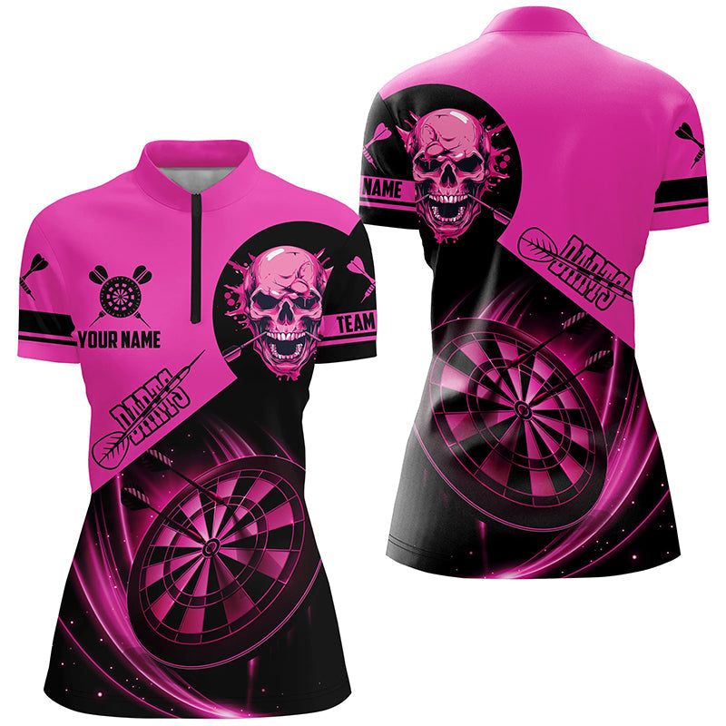 Individuelles Schädel Dartboard Damen Quarter Zip Shirt, Pinkes Dart Trikot Team TDM2109