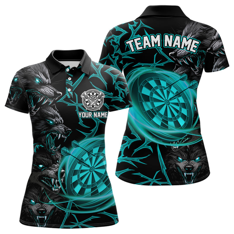Personalisiertes Türkisfarbenes Wolf-Dartshirt Für Damen – Custom Light-Dartboard Darts Teamtrikot TDM4670