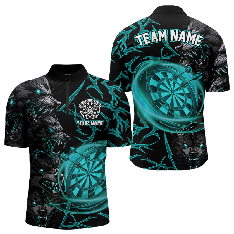 Personalisiertes Türkisfarbenes Wolf-Dartshirt Für Herren – Custom Light-Dartboard Darts Teamtrikot TDM4670