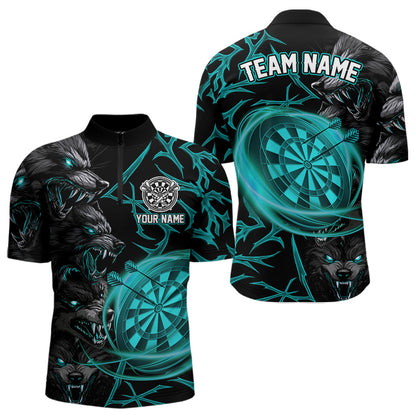 Personalisiertes Türkisfarbenes Wolf-Dartshirt Für Herren – Custom Light-Dartboard Darts Teamtrikot TDM4670
