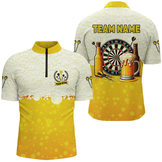Individuelles Gelbes Lustiges Darts Und Bier Herren Shirt mit Viertelreißverschluss, Dart Team Trikot TDM2609