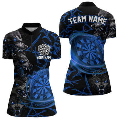 Personalisiertes Blaues Wolf-Dartshirt Für Damen – Custom Light-Dartboard Darts Teamtrikot TDM5095