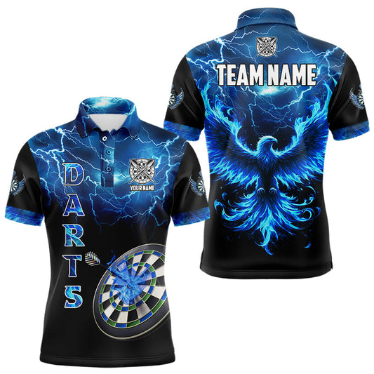 Individuelles Blitz-Thunder-Flammen-Phönix-Dart-Poloshirt für Herren, blaues Darttrikot TDM3087