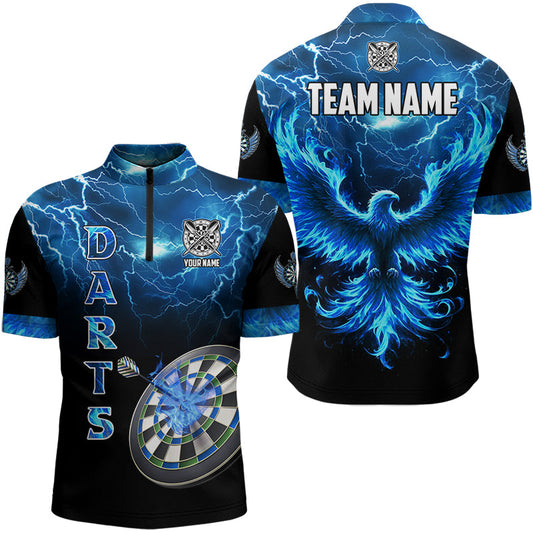 Individuelles Blitz Donner Flammender Phönix Dart Herren Shirt mit Viertelreißverschluss, Dart Trikot Blau TDM3087