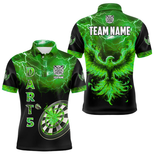 Individuelles Blitz-Thunder-Flammen-Phönix-Dart-Poloshirt für Herren, grünes Darttrikot TDM3089