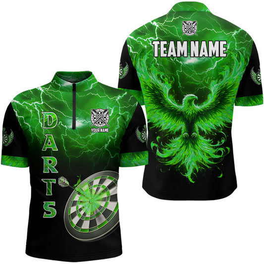 Individuelles Blitz Donner Flammender Phönix Dart Herren Shirt mit Viertelreißverschluss, Dart Trikot Grün TDM3089