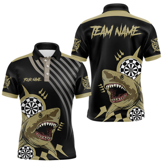 Individuelles schwarz-goldenes witziges Hai-Dart-Poloshirt für Herren, Darttrikot mit Tasche TDM3655