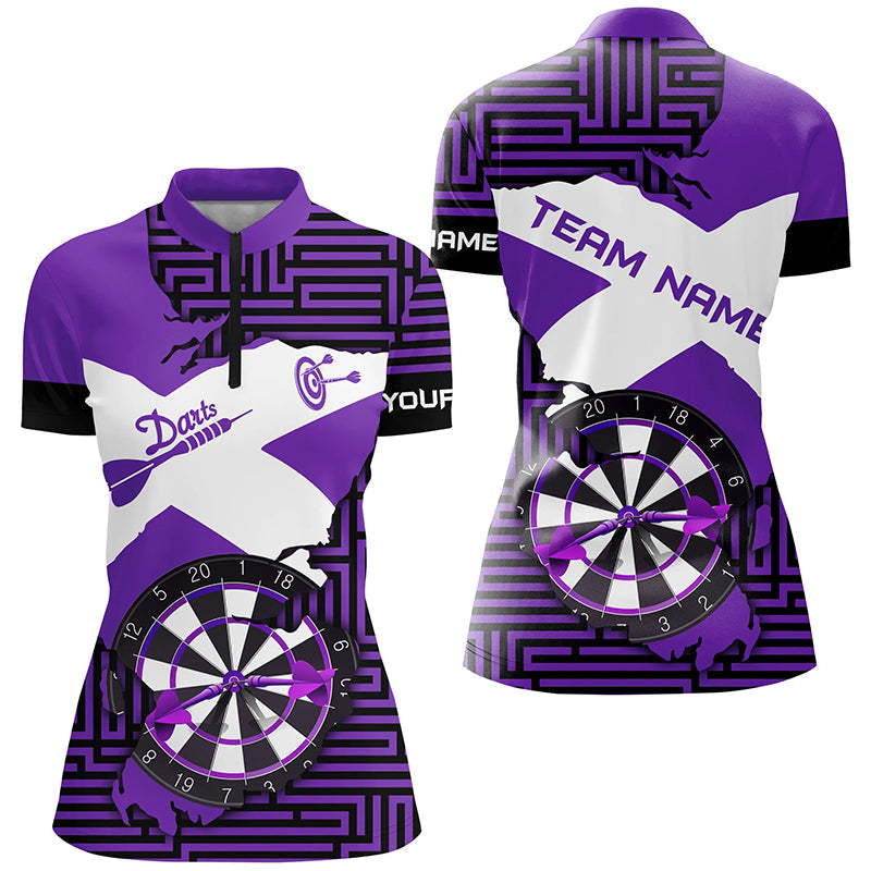 Individuelles lila lustiges Crack Dartboard Dart Quarter Zip Shirt für Damen, Dart Teamtrikot TDM1701