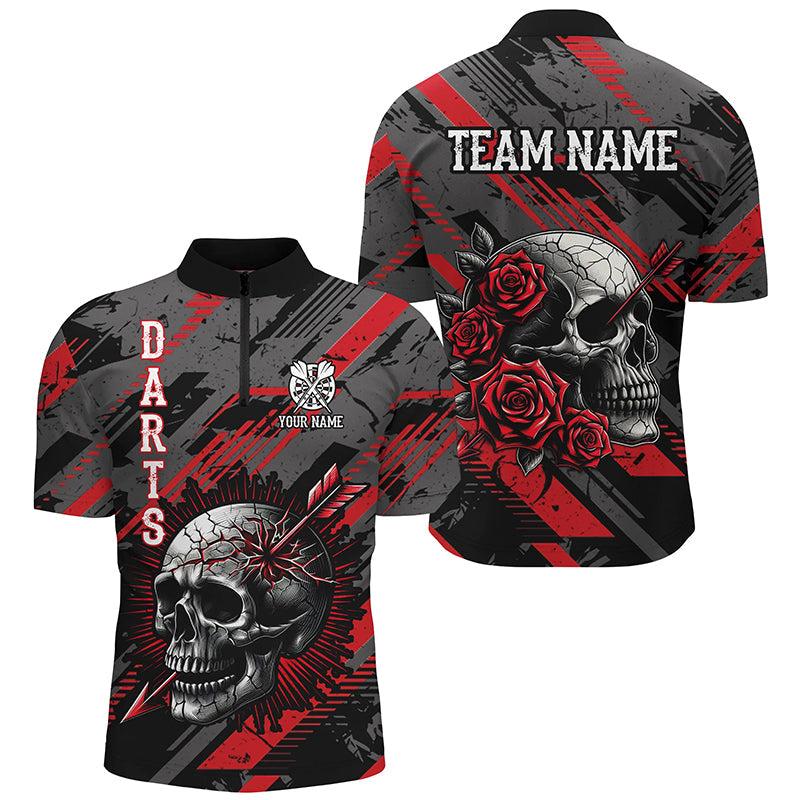 Totenschädel und Rosen Rotes Herren Dart Shirt mit Viertelreißverschluss, Dart Trikot TDM1919