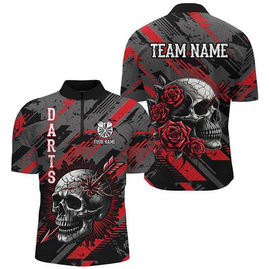 Totenschädel und Rosen Rotes Herren Dart Shirt mit Viertelreißverschluss, Dart Trikot TDM1919